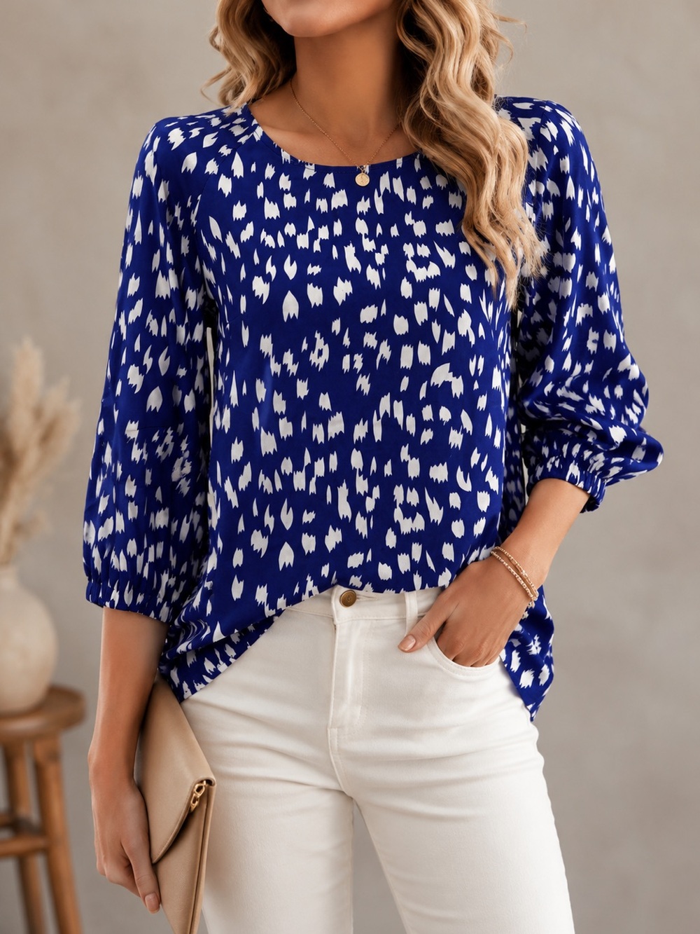 Shein Blue with White Allover Print Round Neck 3/4 Sleeve Blouse Size Small
